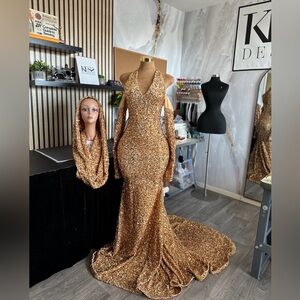 Gold Sparkly Hooded Prom Dress Size M